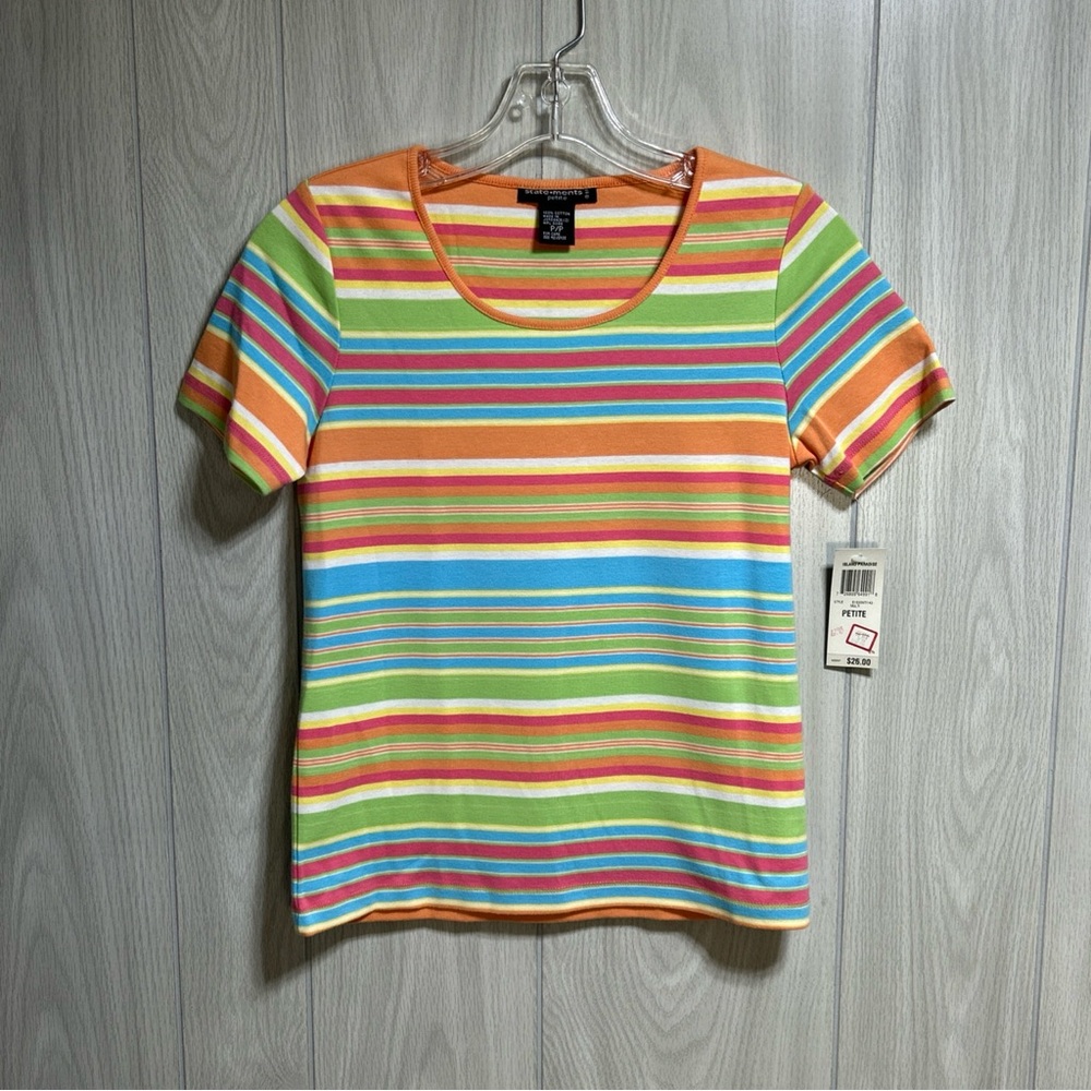 Statements Petite Multicolored Striped Short Sleeve Shirt Size P/P NWT